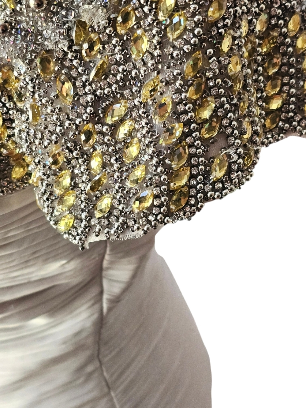 Terani Couture Champagne Midi Dress with Silver Embellished Neckline - Picture 9 of 11